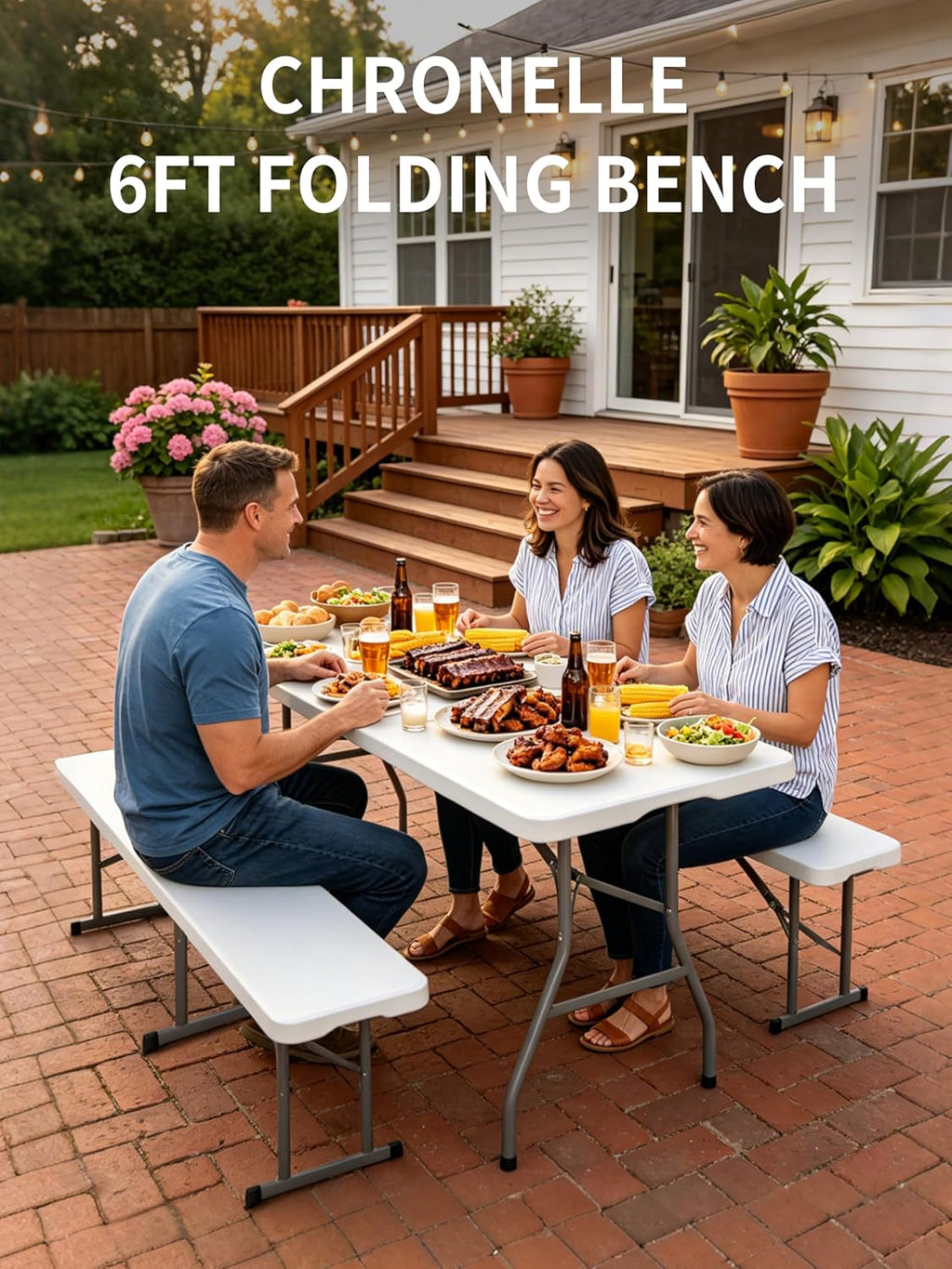 6FT Folding Outdoor Bench (2 Pack), Heavy Duty Portable Plastic Bench for Dining Table, Patio, Garden & Soccer Sideline, White Foldable Seat for Adults, Easy to Store & Carry