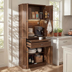 72.2" Tall Kitchen Pantry Cabinet with Doors, Farmhouse Storage Cabinet with Charging Station & LED Light, Drawer, Adjustable Shelves and Pull-Out Shelves, Walnut Wood Pantry Cupboard for Dining Room