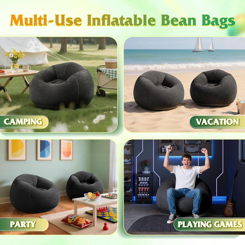 WLIVE 2 Pcs Bean Bag Chair for Kids Adults, Inflatable Chair, No Filler, Comfy, Suit for Dorm Gaming Room Indoor Outdoor, Black