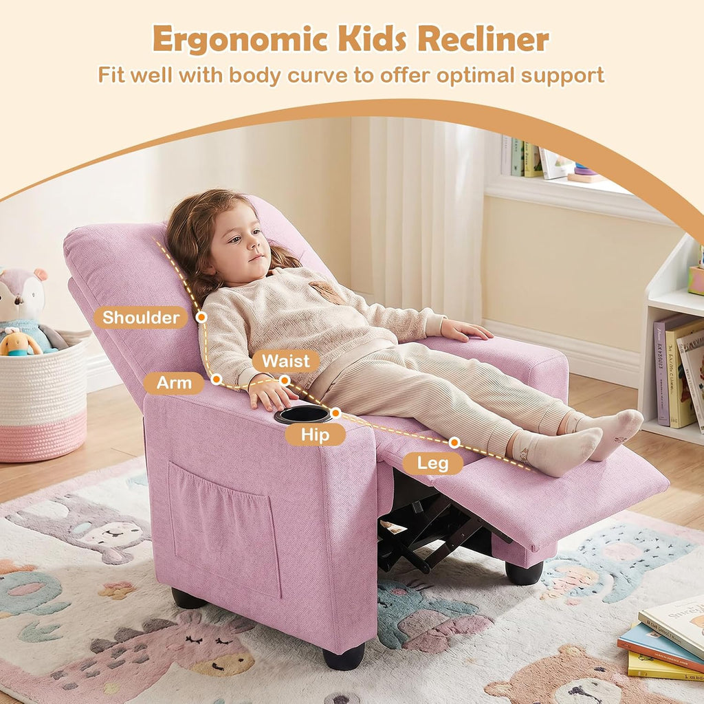 HONEY JOY Kids Recliner with Cup Holder, Chenille Fabric Upholstered Push Back Toddler Sofa w/Storage Pockets, Adjustable Backrest & Footrest, Child Reclining Chair for Ages 3+, Pink