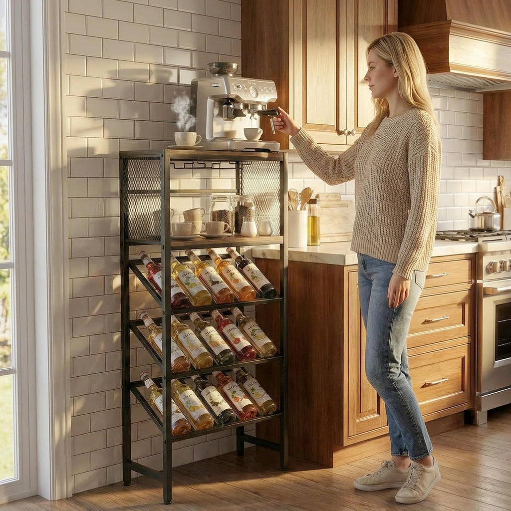 3-Tier Wine Rack Freestanding Floor with Glass & Storage Racks | Space-saving corner wine bar cabinet, sturdy build for kitchen, living room & home bar, stores wine bottles & bar accessories