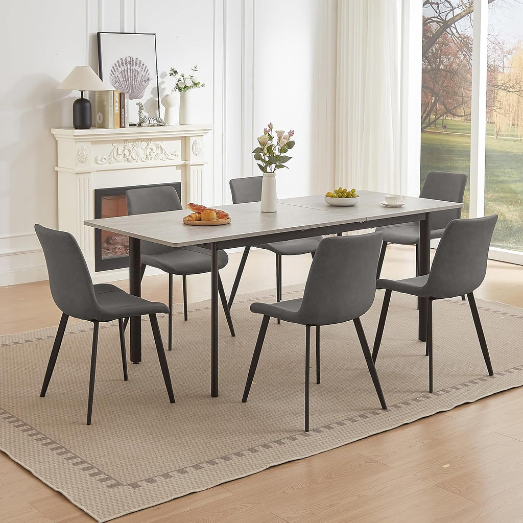 HIPIHOM 63"- 78.7" Extendable Dining Room Table Set for 6, Modern Kitchen Table with 6 Dining Chairs for 4-6 Person, Thickened Expandable Wooden Table with Metal Legs for Dining Room, Kitchen