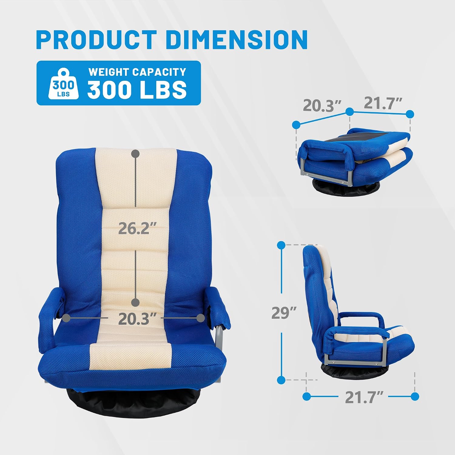 360 Degree Swivel Gaming Chair Foldable Floor Sofa Chair for TV Reading Playing Video Games with Lumbar Support, Armrest Handles, Adjustable Backrest, Blue & Beige