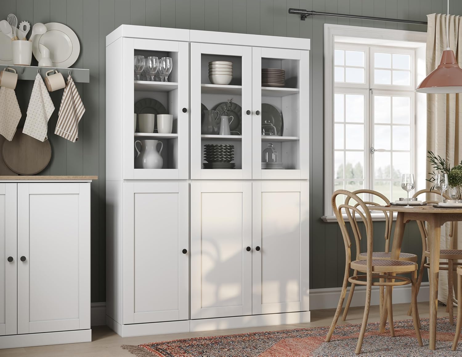Palace Imports 100% Solid Wood 48.5"" Pantry Cabinet with Shaker, Clear Glass Doors, 2-Drawers & Adjustable Shelves
