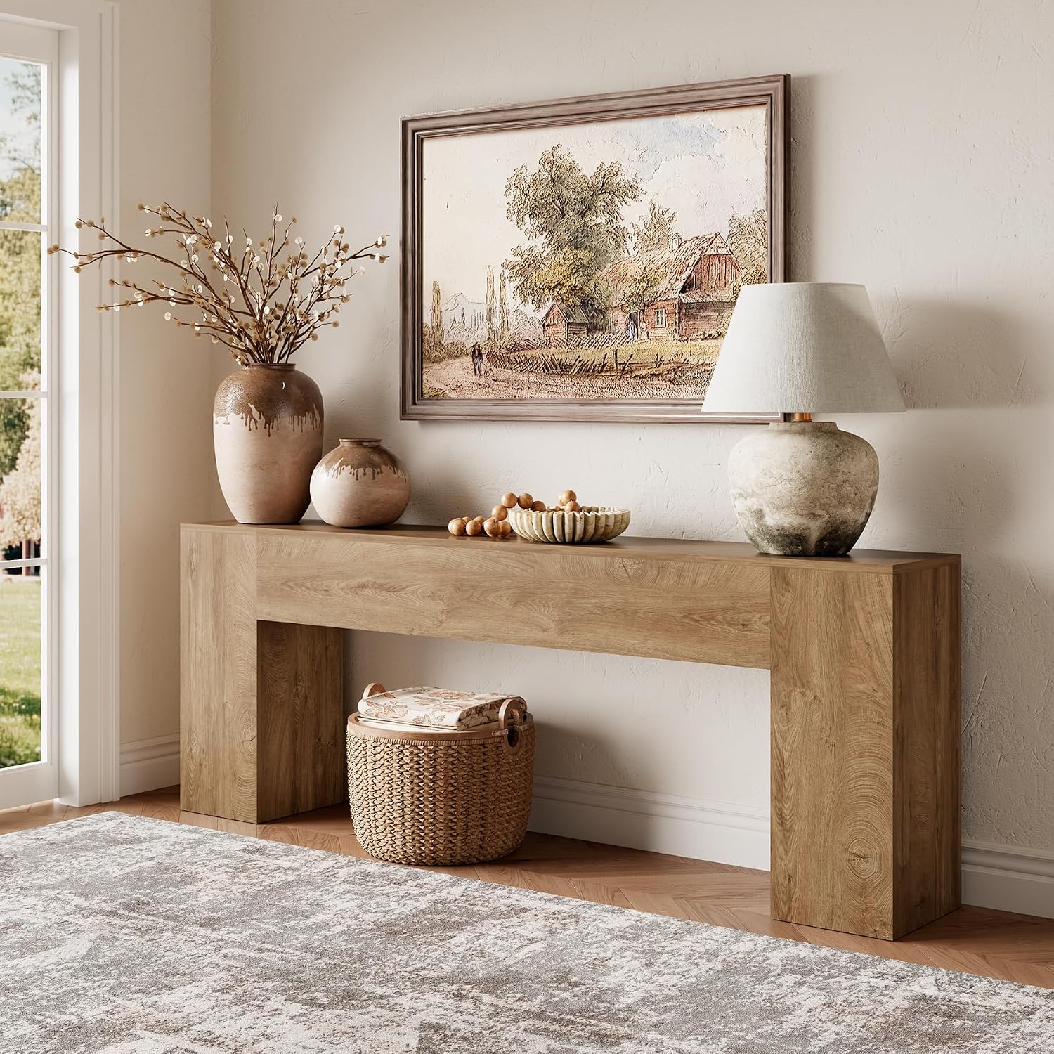 Extra Long Console Tables for Entryway 86-Inch, Farmhouse Sofa Table Behind Couch, Wooden Hallway Table for Living Room, Entrance, Natural Oak