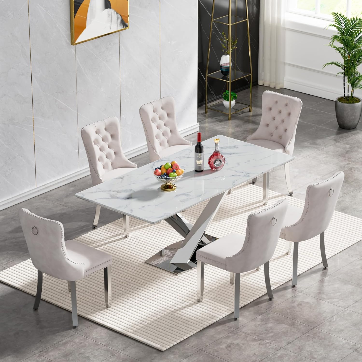 70" Faux Marble White Silver Dining Table for 6, Modern Dining Room Table with 0.71" Marble Printing MDF Top and Cross-Shaped Stainless Steel Base, Rectangular Large Kitchen Dinner Table