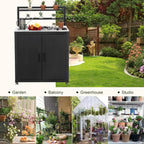 FEASTO Outdoor Potting Bench Table with Storage Cabinet, Stainless Steel Garden Workstation with Raised-Edge Top, Adjustable Shelf & Removable Hutch, Potting Table for Patio, Balcony, Black/Coffee