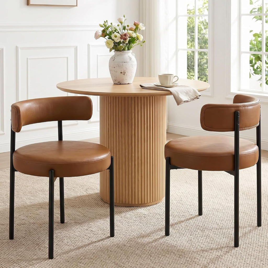 Faux Leather Dining Chairs Set of 6, Mid Century Modern Dining Room Chairs with Barrel Backrest, Upholstered Brown Kitchen Chairs for Dining Room, Restaurant