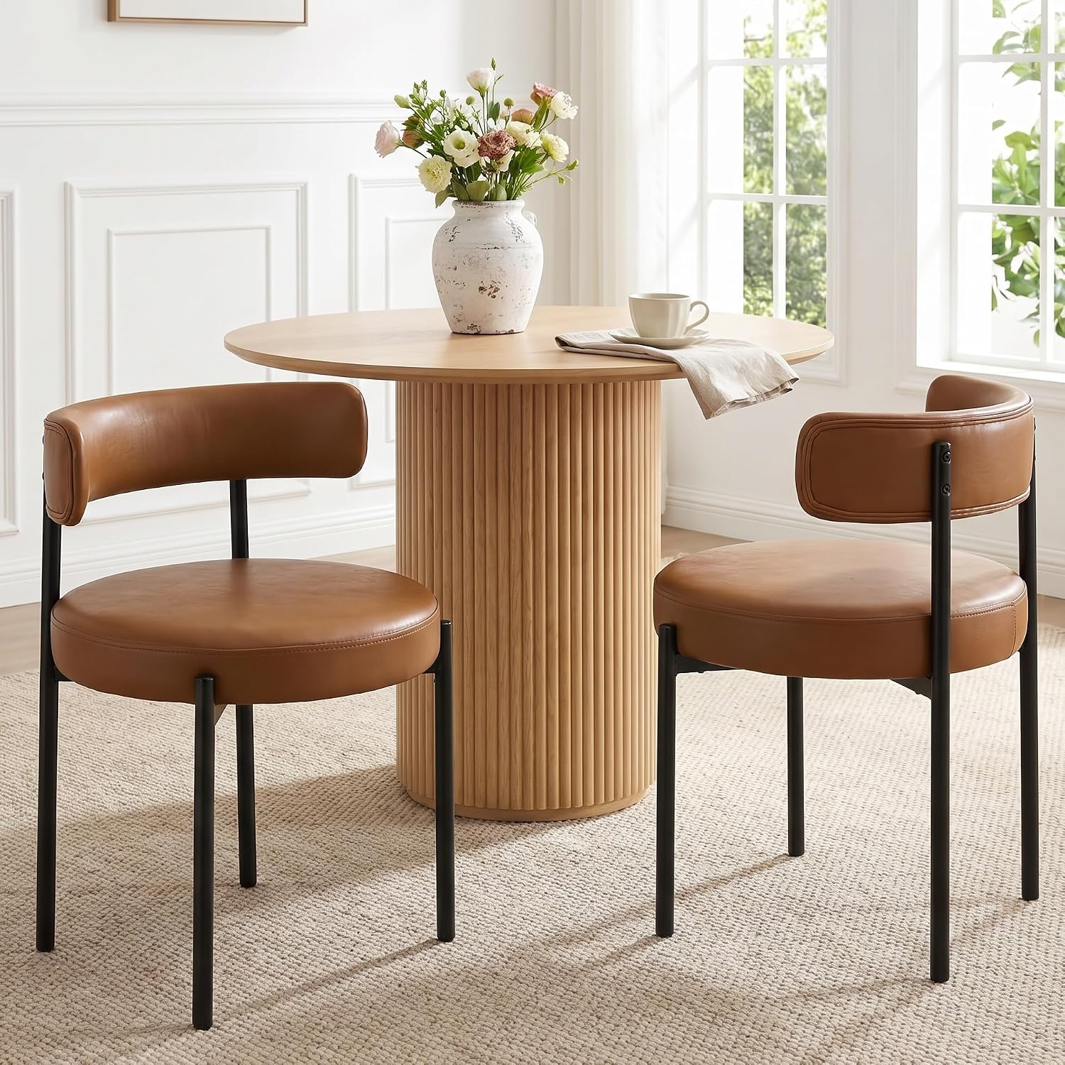 Faux Leather Dining Chairs Set of 6, Mid Century Modern Dining Room Chairs with Barrel Backrest, Upholstered Brown Kitchen Chairs for Dining Room, Restaurant