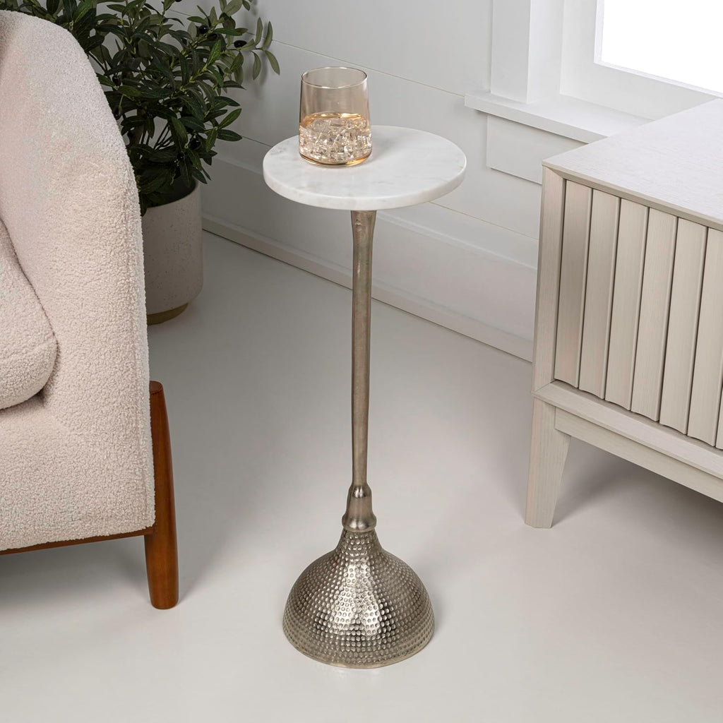 JONATHAN Y Ava Marble Top Drink Table with Hammered Nickel Pedestal, 23.75" Tall Round Martini Side Table for Small Spaces, Contemporary Metal Accent Cocktail Stand for Living Room END4001B