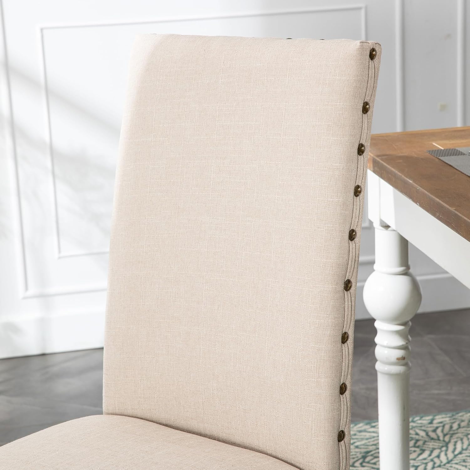 Upholstered Dining Chair Modern Stylish Parsons Kitchen Diner High Back with Bronze Nailhead Trim & Wood Legs, Set of 2, Beige