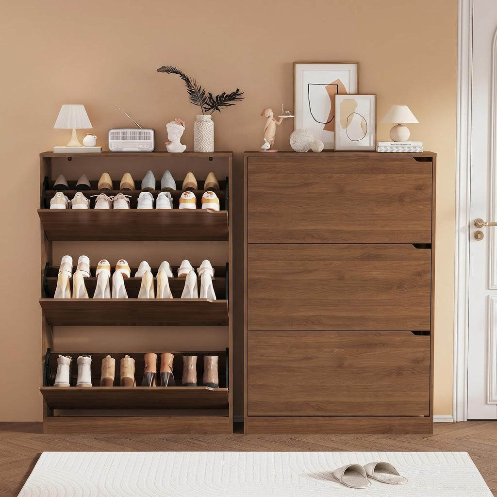 Shoe Storage Cabinet, Wood Shoe Organizer for Entryway with 3 Flip Drawers, Freestanding Shoe Rack with Adjustable Shelf, Narrow Shoe Dresser for Front Door Entrance (Walnut, Standard 3 Drawers)