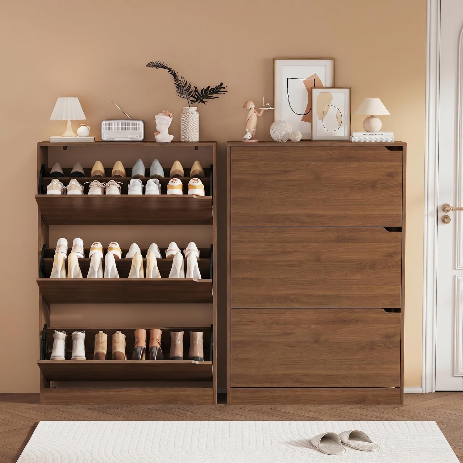 Shoe Storage Cabinet, Wood Shoe Organizer for Entryway with 3 Flip Drawers, Freestanding Shoe Rack with Adjustable Shelf, Narrow Shoe Dresser for Front Door Entrance (Walnut, Standard 3 Drawers)