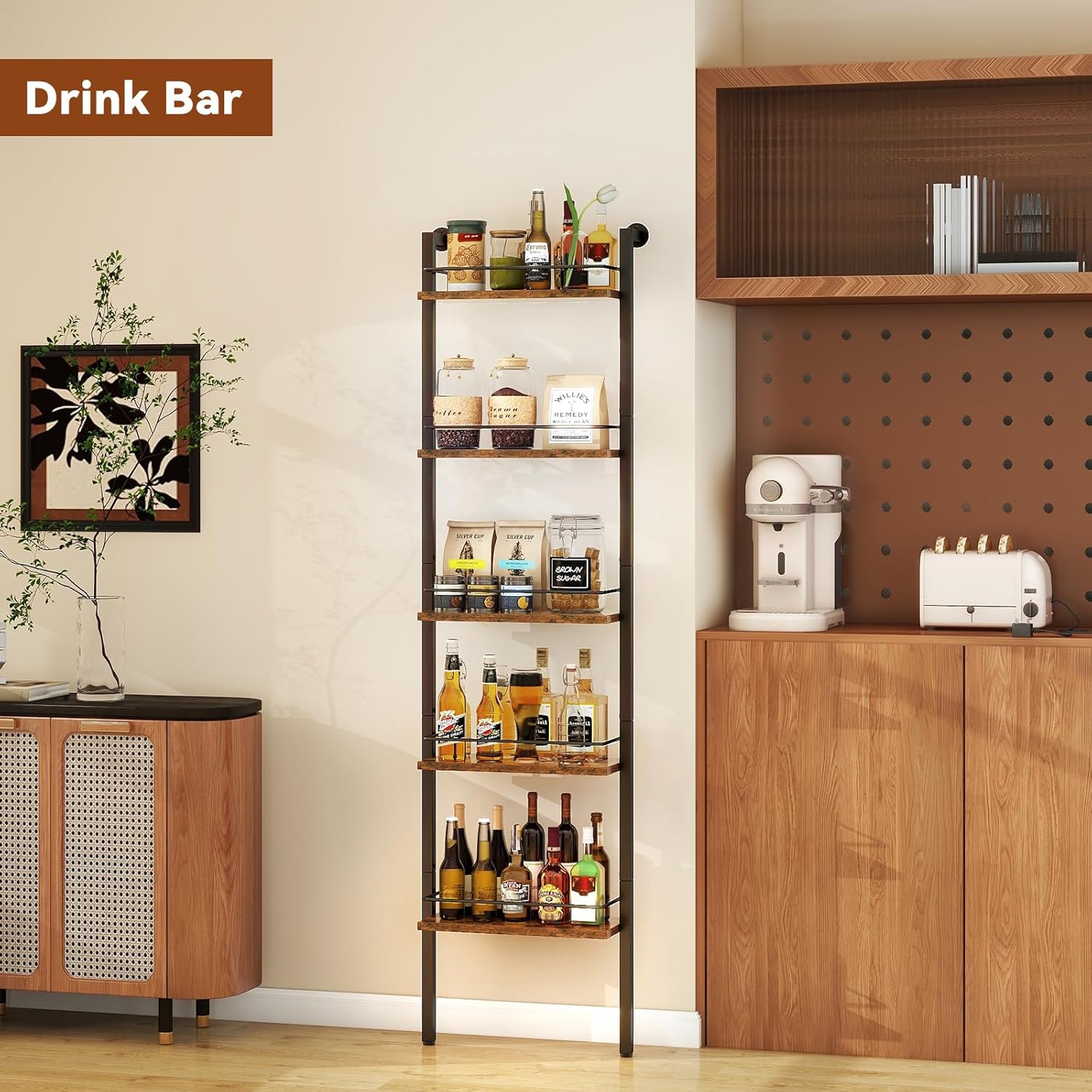 YMYNY 5-Tier Freestanding Wine Racks，Liquor Bottle Display Shelf with Fences, Wall Mounted Floating Shelf Storage Stand for Kitchen, Dining Room, 16.93''L x 7.87''W x 69.68''H Vintage Brown UHWR001H
