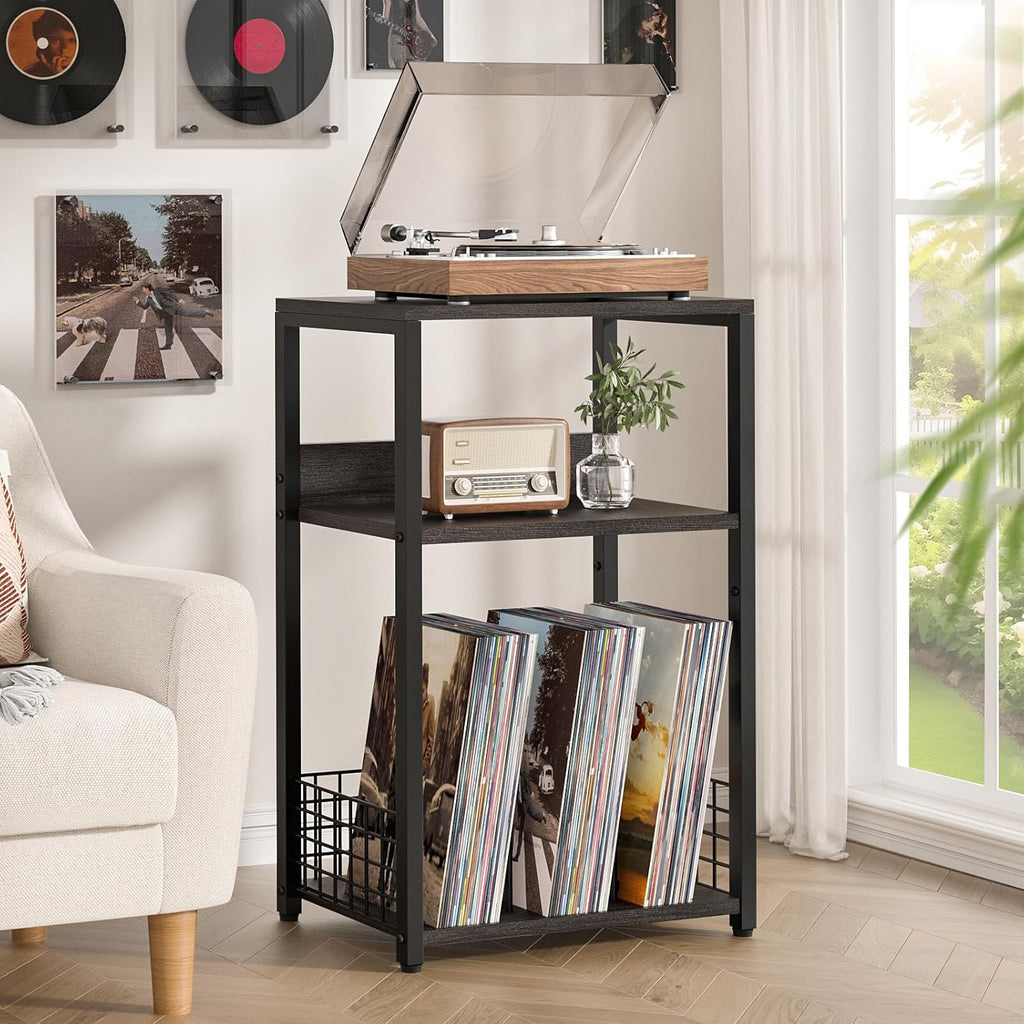 LELELINKY Large Rustic Grey Record Player Stand, 3 Tier 18" Wide Big End Table with Vinyl Storage Up to 130 Albums, Industrial Turntable Printer Tables, Modern Side Tables for Living Room, Office