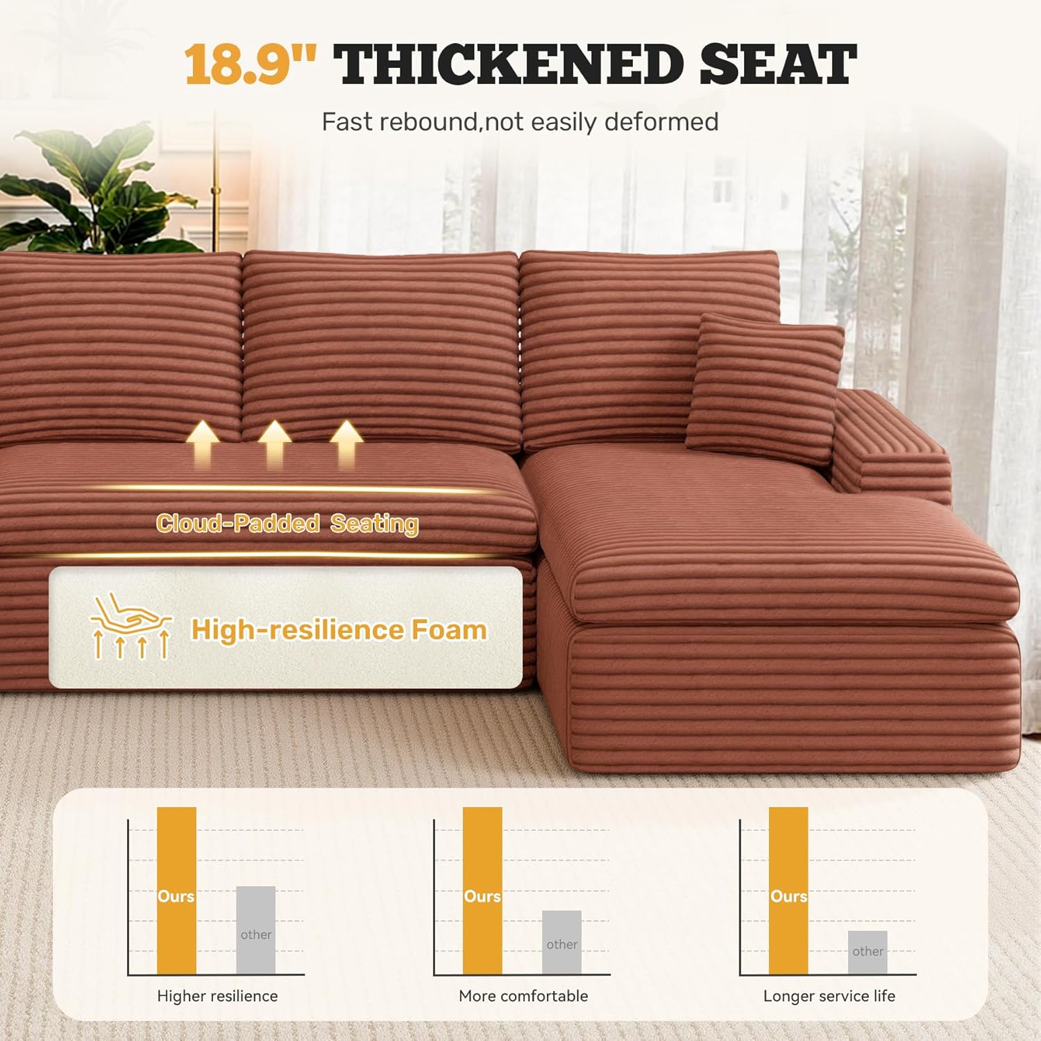 134" U Shaped Modular Sectional Sofa, Oversized Boneless Couches for Living Room,No Assembly Required Corduroy Cloud Couch with Chaise Lounge, Caramel 1 PCS