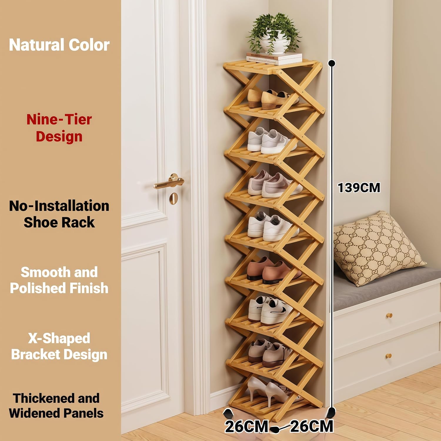 2026 New The 9-Tier No-Assembly Bamboo Rack for Shoes, Foldable 6/7/9 Tier Bamboo Shoe Rack, The End of Your Entryway/Closet/Dorm Shoe Pile, Space-Saving (Nature 9 Layers)