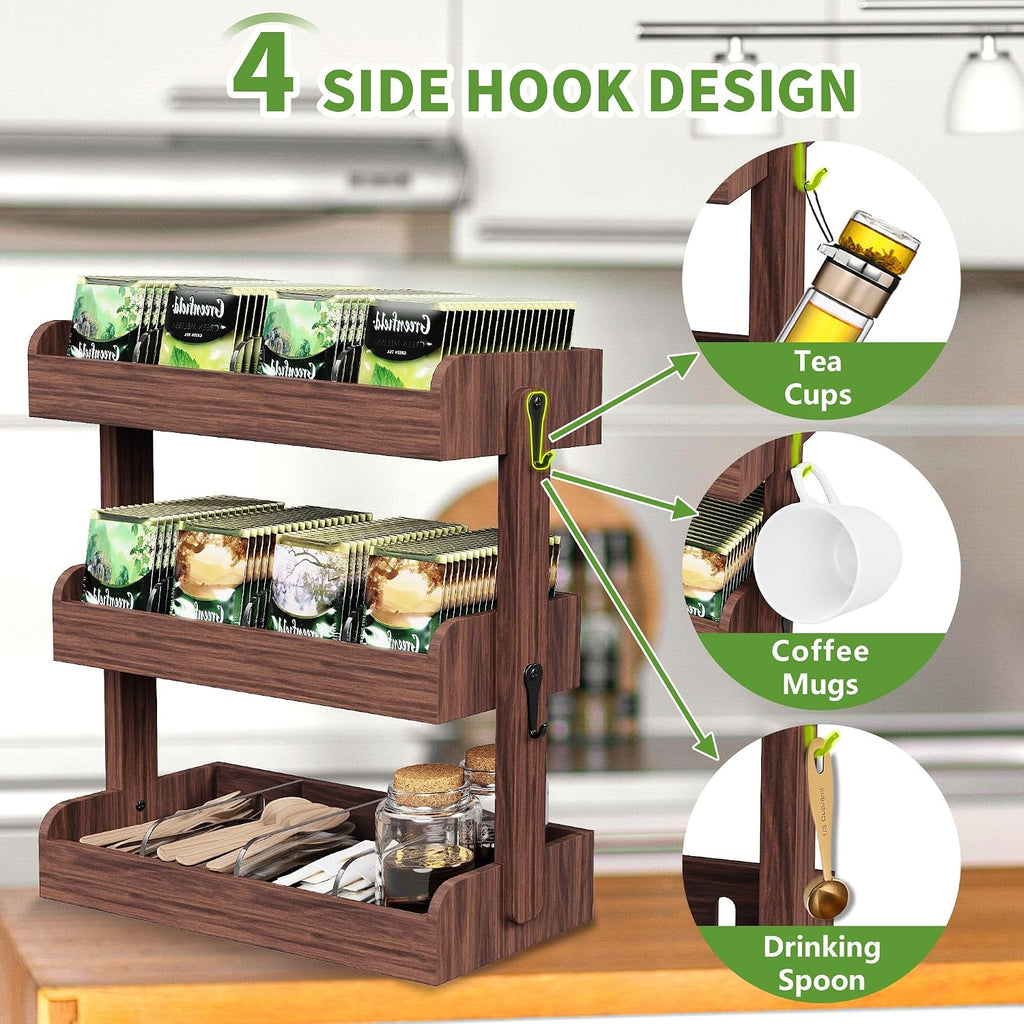 3 Tier Tea Bag Organizer Wall Mounted, Wooden Tea Box Organizer for Cabinet | Tea Bag Holder with Partitions and 4 Hooks, Tea Rack for Office, Kitchen, Cabinet, Pantry, Tea Organizers and Storage