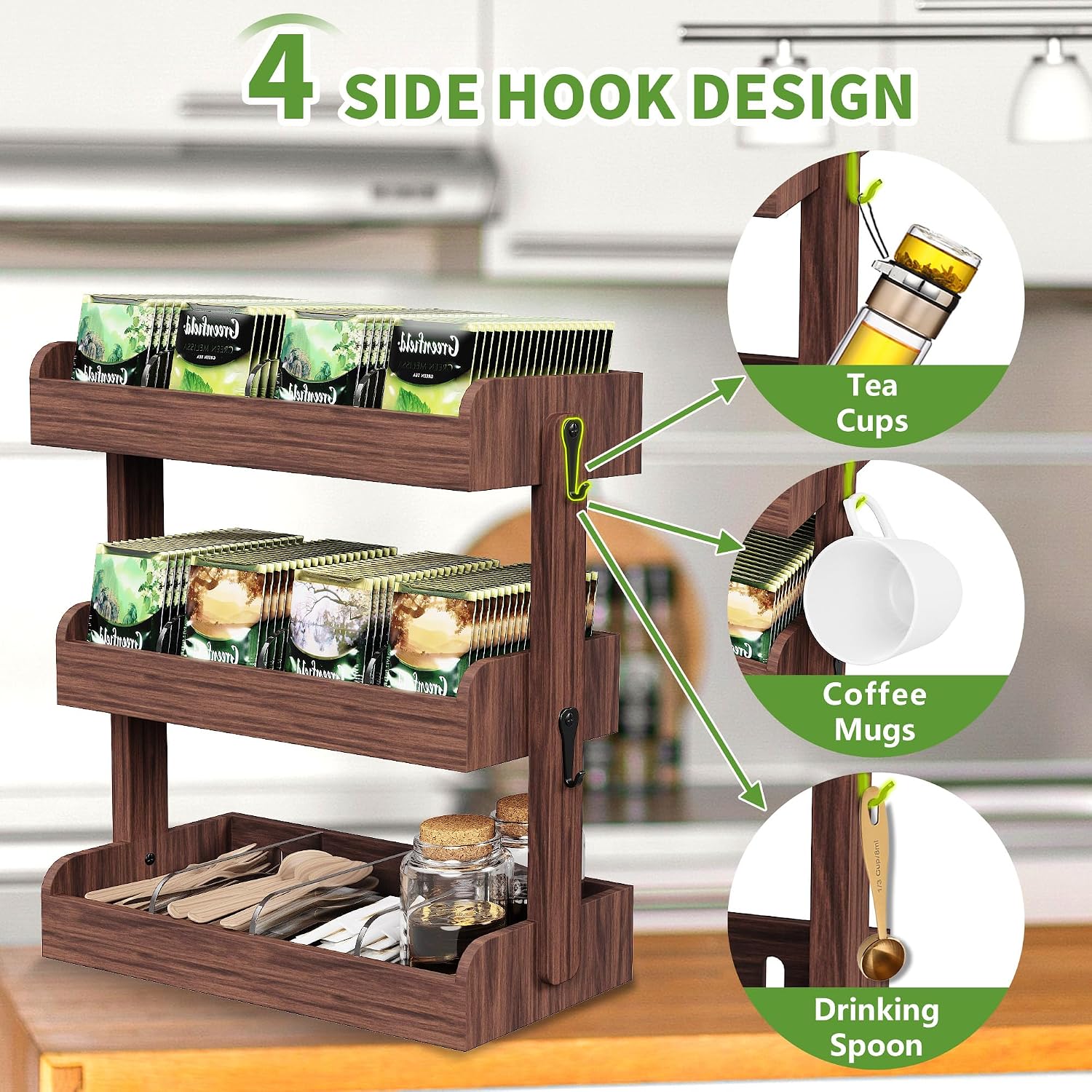 3 Tier Tea Bag Organizer Wall Mounted, Wooden Tea Box Organizer for Cabinet | Tea Bag Holder with Partitions and 4 Hooks, Tea Rack for Office, Kitchen, Cabinet, Pantry, Tea Organizers and Storage