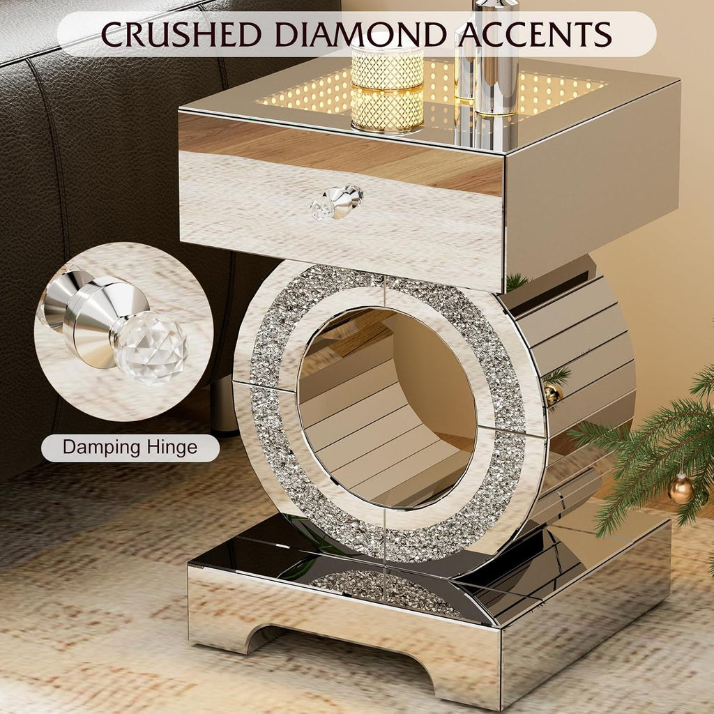 IKIFLY Mirrored Nightstand Set of 2, LED End Table with Storage Drawer, Silver Accent Beside Table with Crushed Diamond for Living Room, Bedroom and Office (Remote Control Included)
