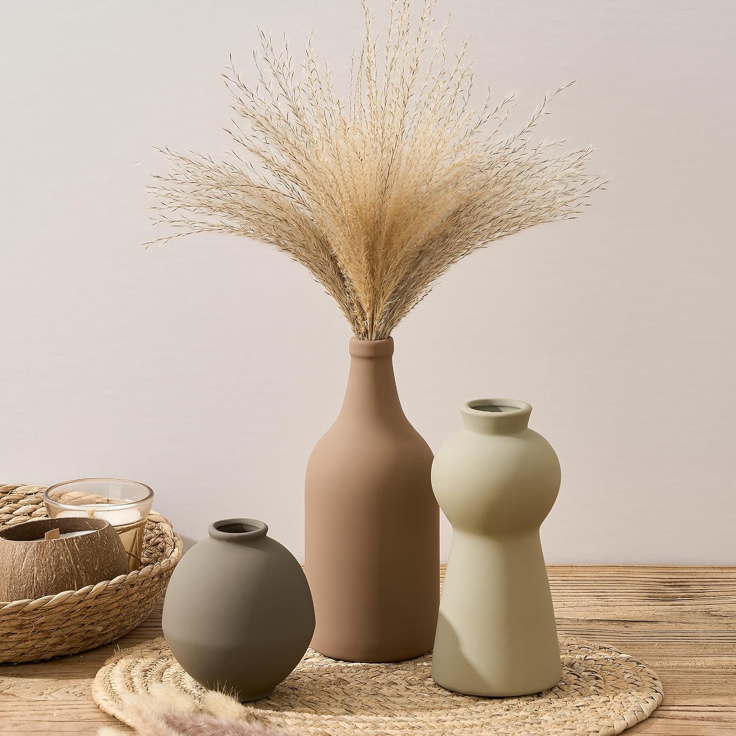 Ceramic Vase Set of 3, Nordic Minimalist Multicolor Vases Home Decor, Rustic Farmhouse Decor Pottery Vases for Bouquet Pampas Grass Dried Fresh Flowers, Living Room, Entryway Mantel, Kitchen, Bedroom