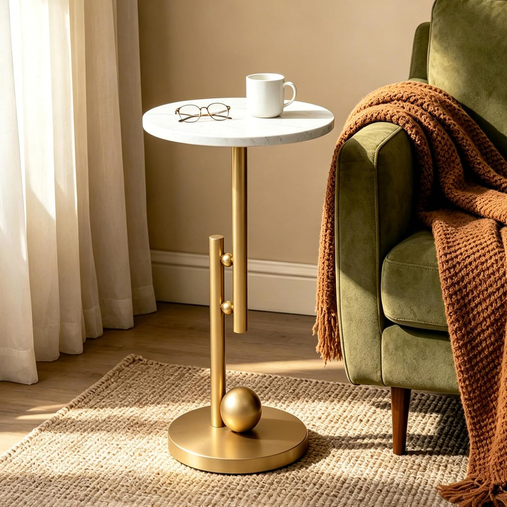 Small Marble End Table, Round Side Table, Modern Drink Table, Pedestal Accent Table for Living Room, Bedroom, Sofa Side, Nightstand for Small Spaces, Easy Assembly, White and Gold