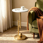 Small Marble End Table, Round Side Table, Modern Drink Table, Pedestal Accent Table for Living Room, Bedroom, Sofa Side, Nightstand for Small Spaces, Easy Assembly, White and Gold