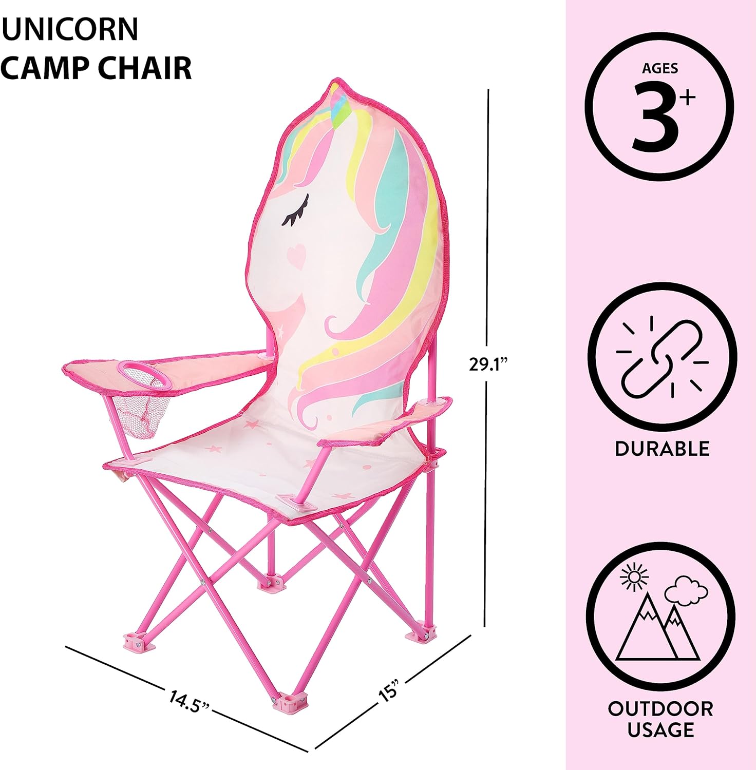 Heritage Unicorn Themed Figural Folding Camp Chair,Lightweight Portable Chair with Carry Bag & Cup Holder,Kids Outdoor/Indoor Seating,14"x14"x26"
