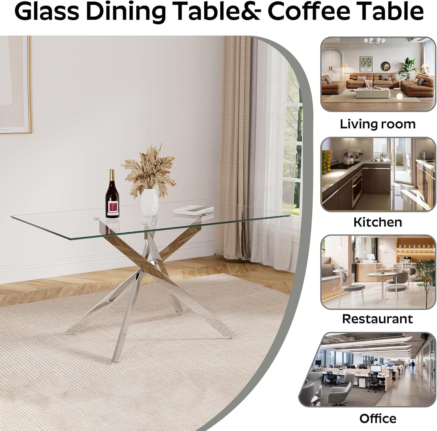 Modern Glass Dining Table Set for 4, 5-Piece Rectangular Kitchen Table Set with Silver Sturdy Metal Legs&4 Grey Faux Leather Dining Chairs for Home Dining Room Kitchen