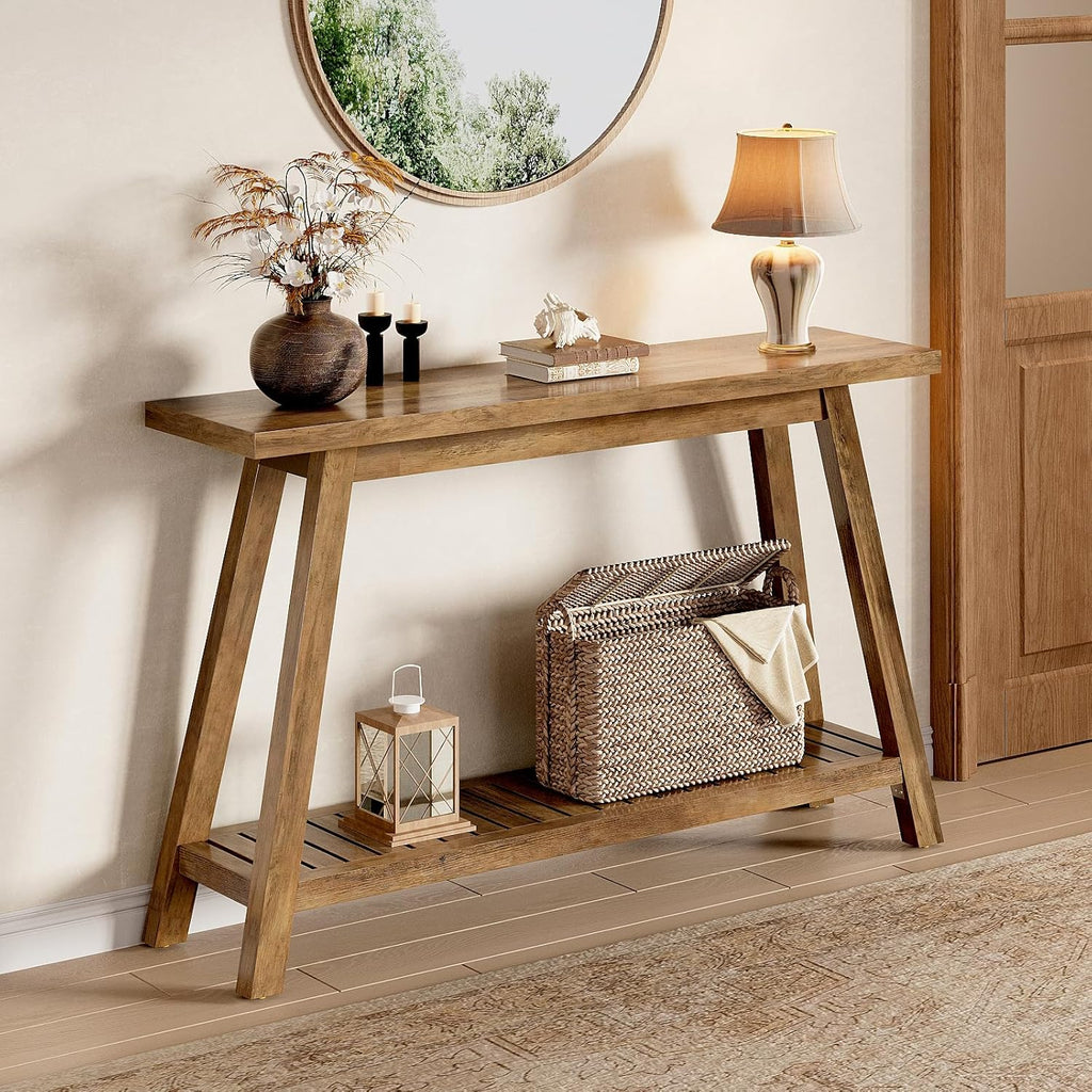 47.2" Farmhouse Entryway Table, 2-Tier Modern Wooden Console Sofa Table with Open Storage, Long Narrow Accent Table for Entrance, Foyer, Hallway, Living Room & Behind Couch (Brown)