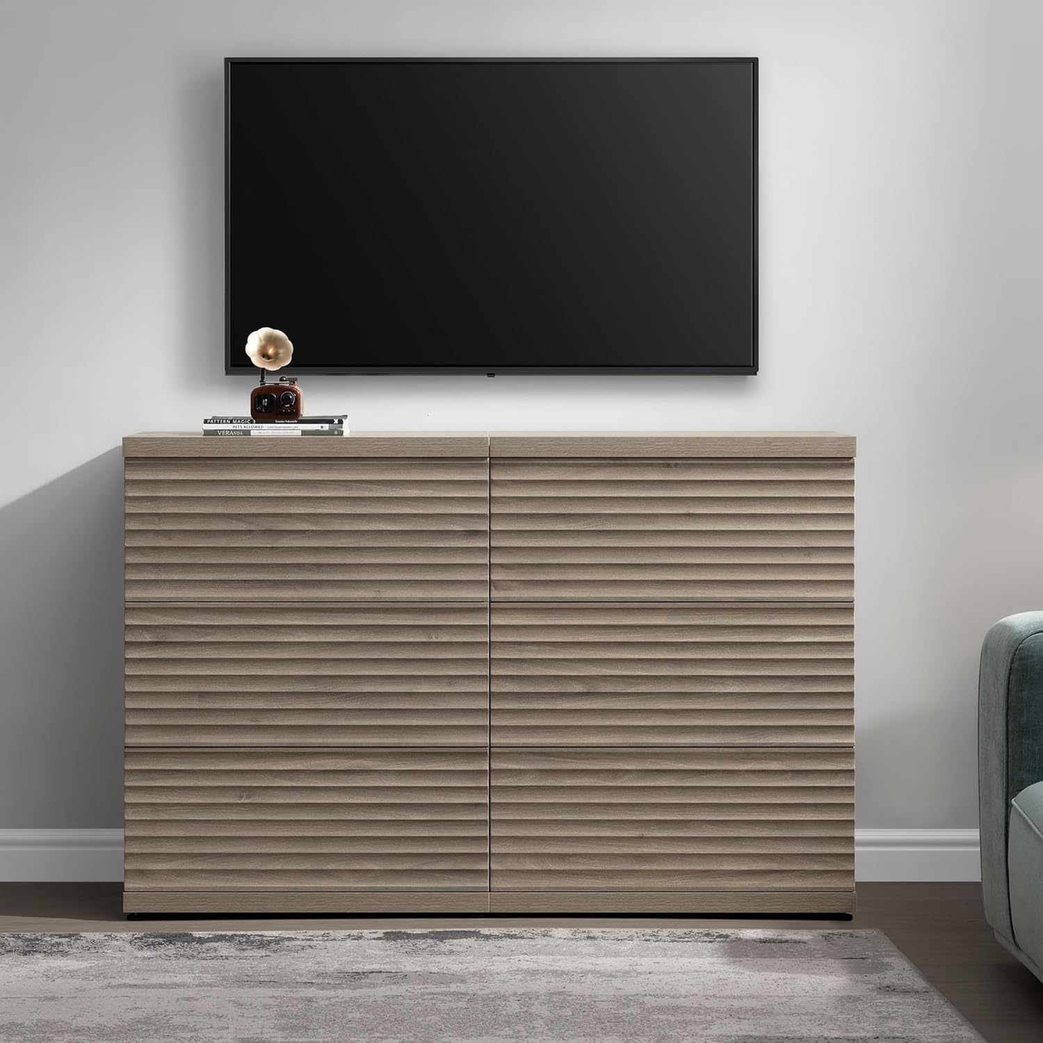 SICOTAS Fluted Sideboard Buffet Cabinet with Storage, Modern Credenza Storage Cabinet with 3 Larger Drawers, Mid Century Coffee Bar Table for Living Room Entryway Kitchen, Grey Alder (2 PCS)
