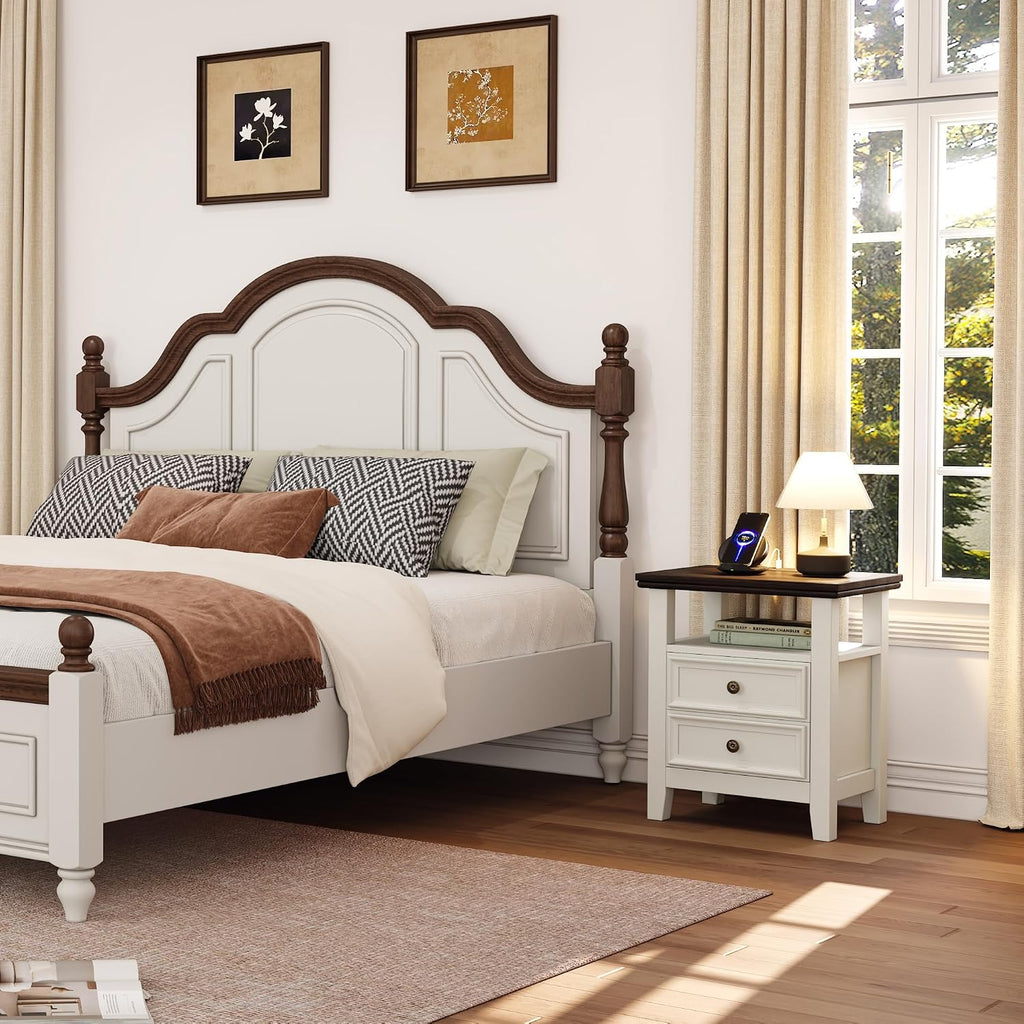 BOSHIRO Antique White Nightstand with Charge Station,Sofa End Table with 2 Drawers & Storage Shelf, Wooden Bed Side Table with USB Ports & Outlets for Bedroom,Home Office