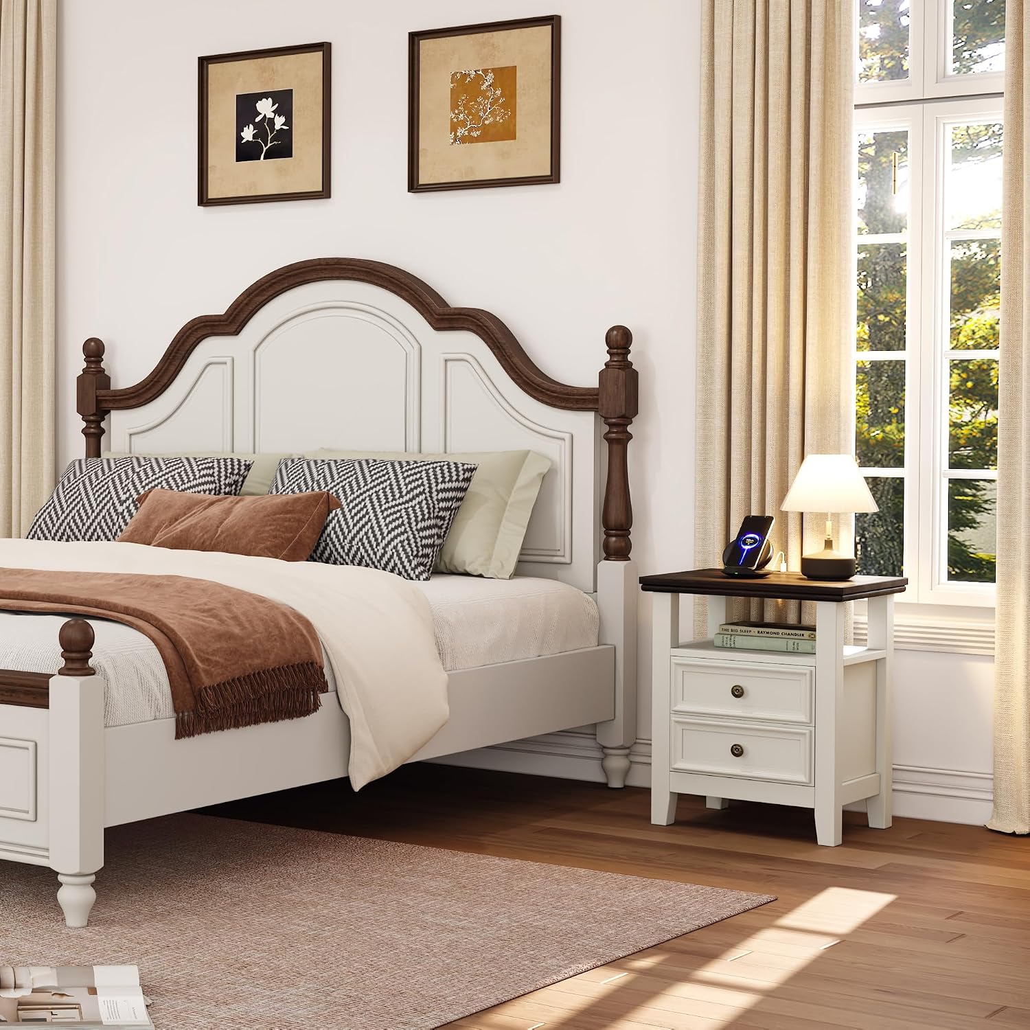 BOSHIRO Antique White Nightstand with Charge Station,Sofa End Table with 2 Drawers & Storage Shelf, Wooden Bed Side Table with USB Ports & Outlets for Bedroom,Home Office