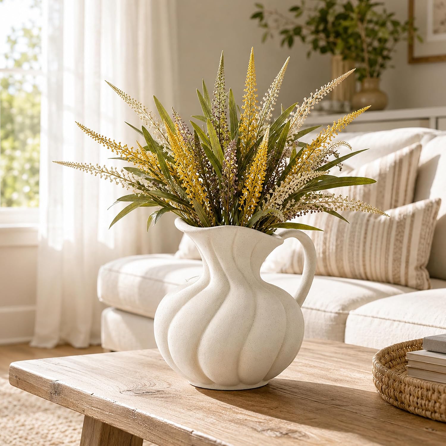 Large Ceramic Flower Vase Home Decor - Farmhouse Table Vases | Rustic Vintage Living Room Kitchen Bedroom Decorations for House Book Shelf Office Coffee Desk Dining Fireplace