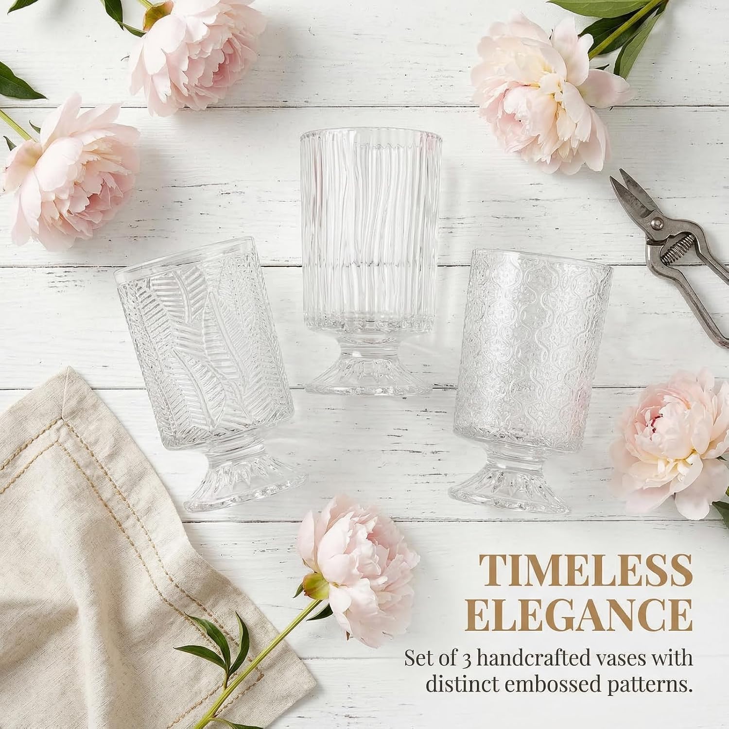 Pumtus 3 Pack Flower Vases for Centerpieces, Vintage Glass Pedestal Vase Set, Decorative Embossed Big Base Vase, Clear Hurricane Candle Holder, Medium Cylinder Vase for Wedding, Home, Party, Office