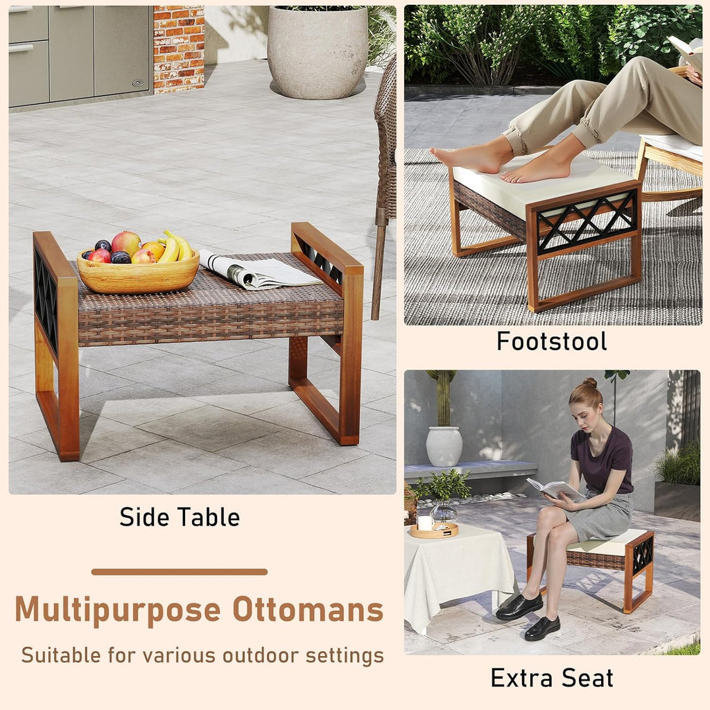 Tangkula Rattan Wicker Outdoor Ottoman Set of 2, Patio 3-in-1 Footstools with Removable Cushions, Additional Seating and Side Tables for Porch, Backyard & Poolside (Off White)