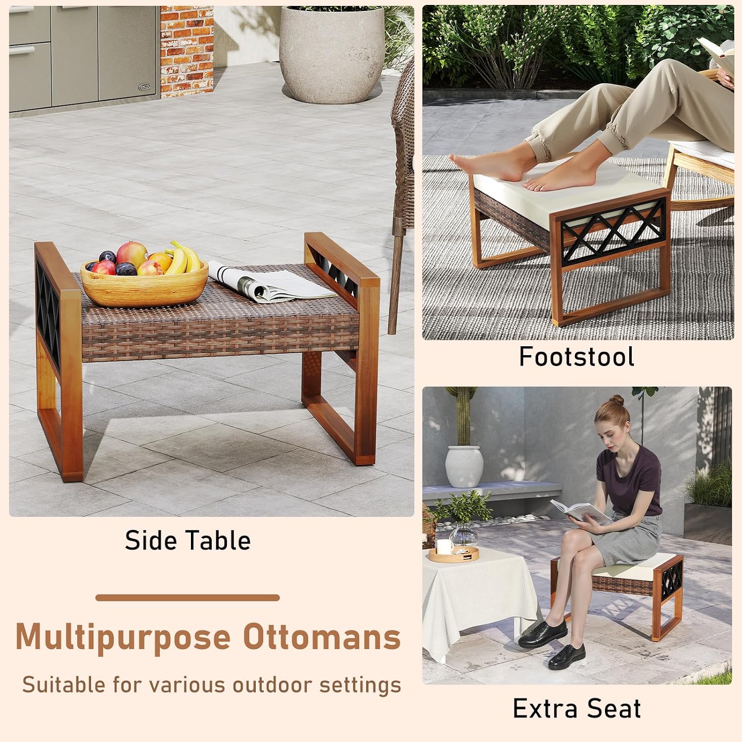 Tangkula Rattan Wicker Outdoor Ottoman Set of 2, Patio 3-in-1 Footstools with Removable Cushions, Additional Seating and Side Tables for Porch, Backyard & Poolside (Off White)