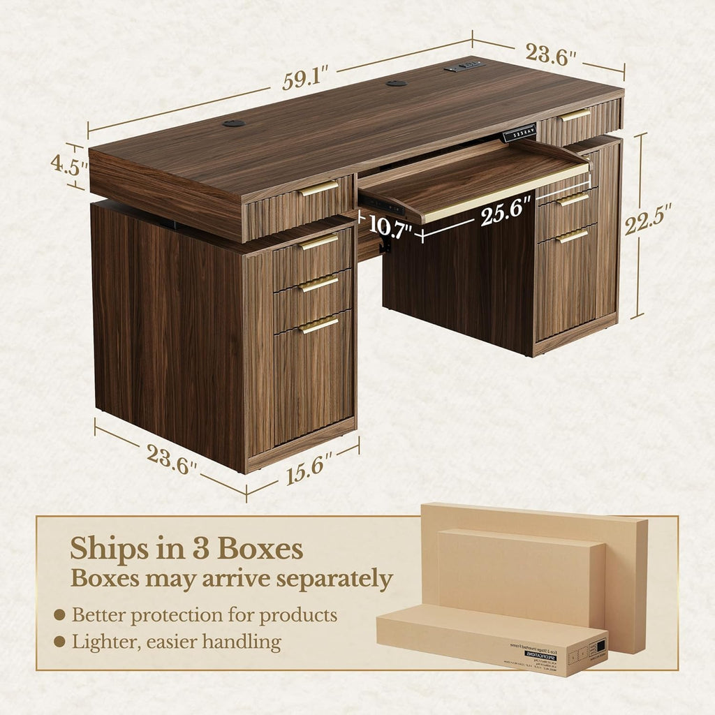 59 Inch Standing Desk with Storage Drawers, Executive Electric Height Adjustable Desk with Keyboard Tray, File Cabinet and AC/USB, Fluted Stand Up Desk with Privacy Panel, Black Walnut