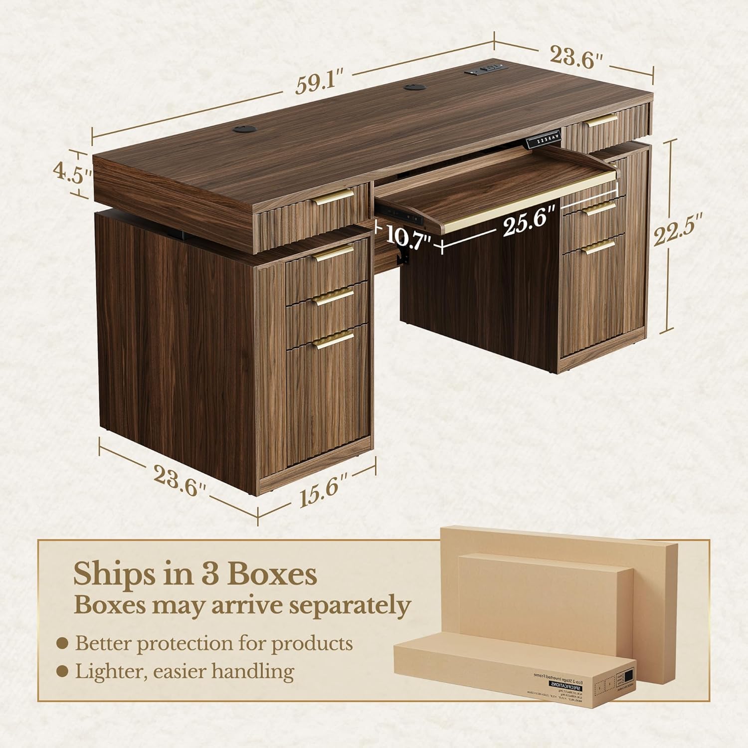 59 Inch Standing Desk with Storage Drawers, Executive Electric Height Adjustable Desk with Keyboard Tray, File Cabinet and AC/USB, Fluted Stand Up Desk with Privacy Panel, Black Walnut