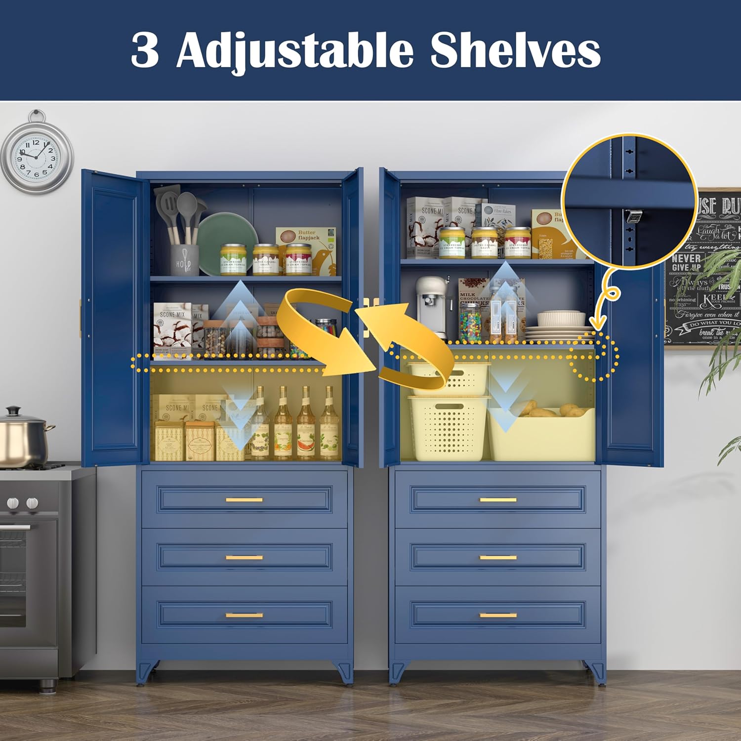 SteeLoong 75" Kitchen Pantry Cabinet with 3 Drawer,Metal Storage Cabinets with Doors and 2 Adjustable Shelves,Blue Kitchen Cabinet with 2 Gold Handles,Food Cupboard for Livingroom,Pantry, Bathroom