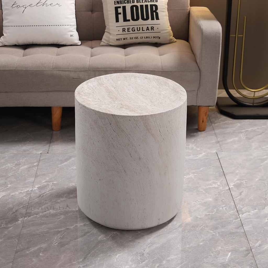 Light Travertine Finish Round Magnesium Oxide Side Table, 15.75 Inch Diameter Drum End Table, Sturdy Waterproof Accent Table for Living Room, Bedroom, Balcony