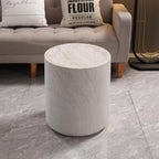 Light Travertine Finish Round Magnesium Oxide Side Table, 15.75 Inch Diameter Drum End Table, Sturdy Waterproof Accent Table for Living Room, Bedroom, Balcony