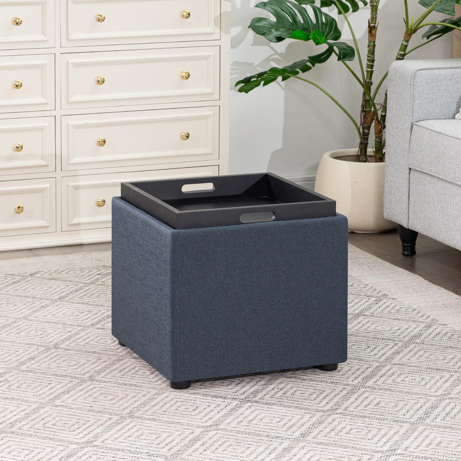 Joveco Storage Square Ottoman with Tray, Small Linen Foot Rest Stool Cube, Coffee Table for Dorm Living Room Bedroom, Denim Gray