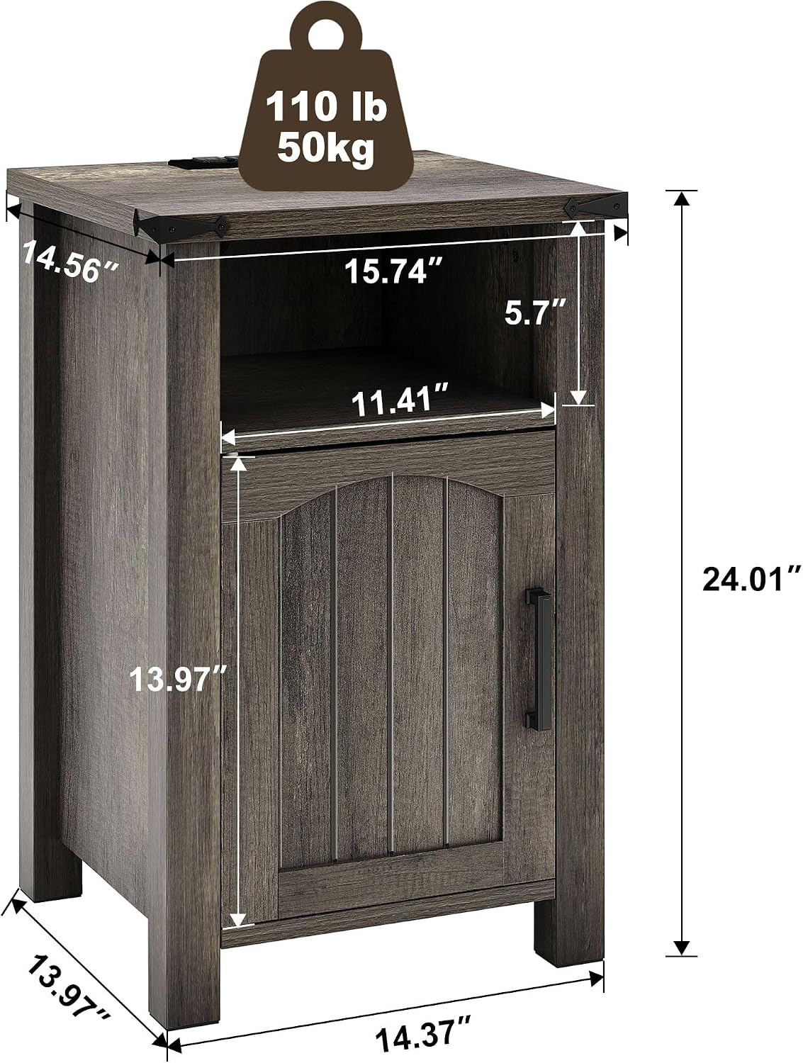 Farmhouse Nightstand with Charging Station, Set of 2 End Table with USB/Type-C Ports and Power Outlets, Rustic Bedside Table with Large Storage and Open Shelf, Modern Side Table for Bedroom, Gray