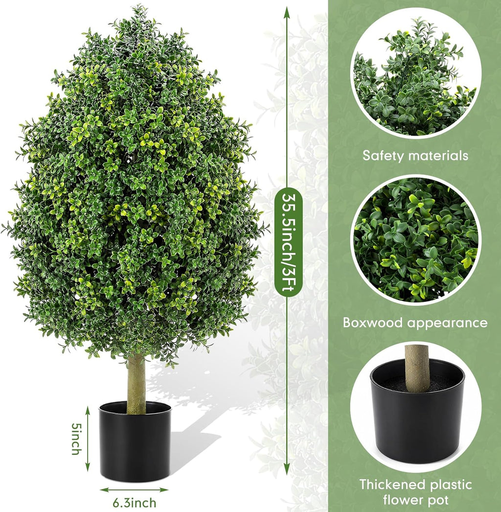 Giegxin 3ft Artificial Boxwood Topiary Trees Fake Bushes Potted Plants Indoor Evergreen Shrubs with Sturdy Planter for Front Porch Home Yard Decor