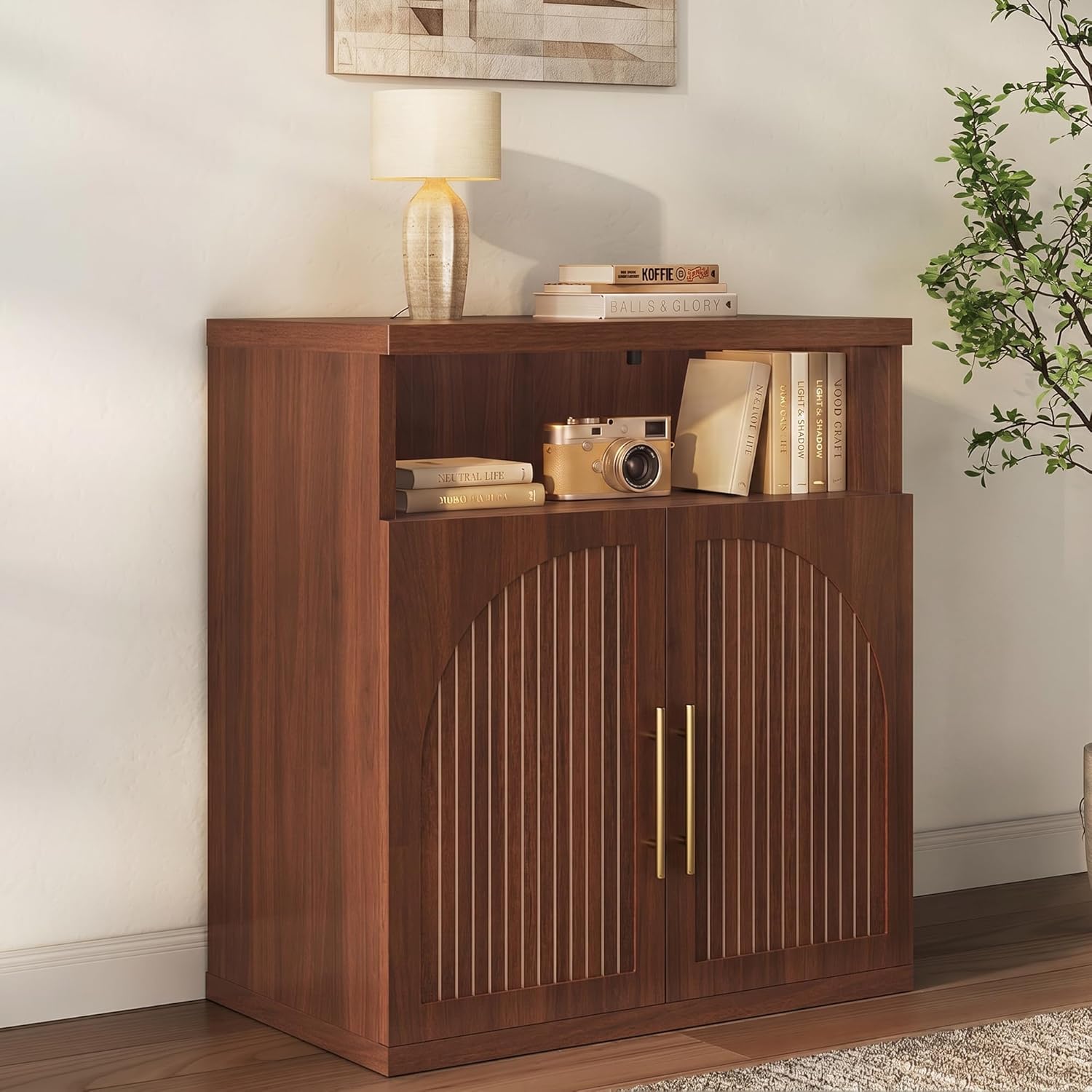 Fluted Buffet Cabinet with Storage, 31.5" Wide Wood Sideboard Credenza with Open Storage Shelf & Adjustable Shelves, Modern Kitchen Entryway Accent Table for Dining Room Living Room Hallway, Walnut