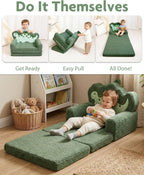 TinyPalsa Kids Couch, 2-in-1 Fold Out Sofa with Portable Handle, Comfy Lounger for up to 49" Tall, Green Dinosaur