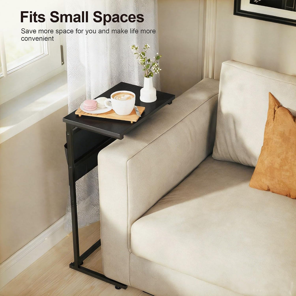 C-Shaped End Table, 28" H Side Table for Couch, Sliding Tray Desk Under Sofa with Storage Bag for Living Room, Bedroom, Office, Black