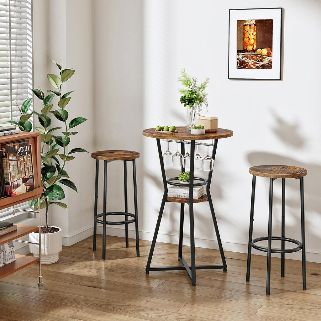 HOOBRO Round Bar Table, 2-Tier Counter Height Pub Table with Wine Glass Holder, Industrial Cocktail Table, for Small Space, Tavern, Living Room, Dining Room, Patio, Rustic Brown and Black BF62BT01G1