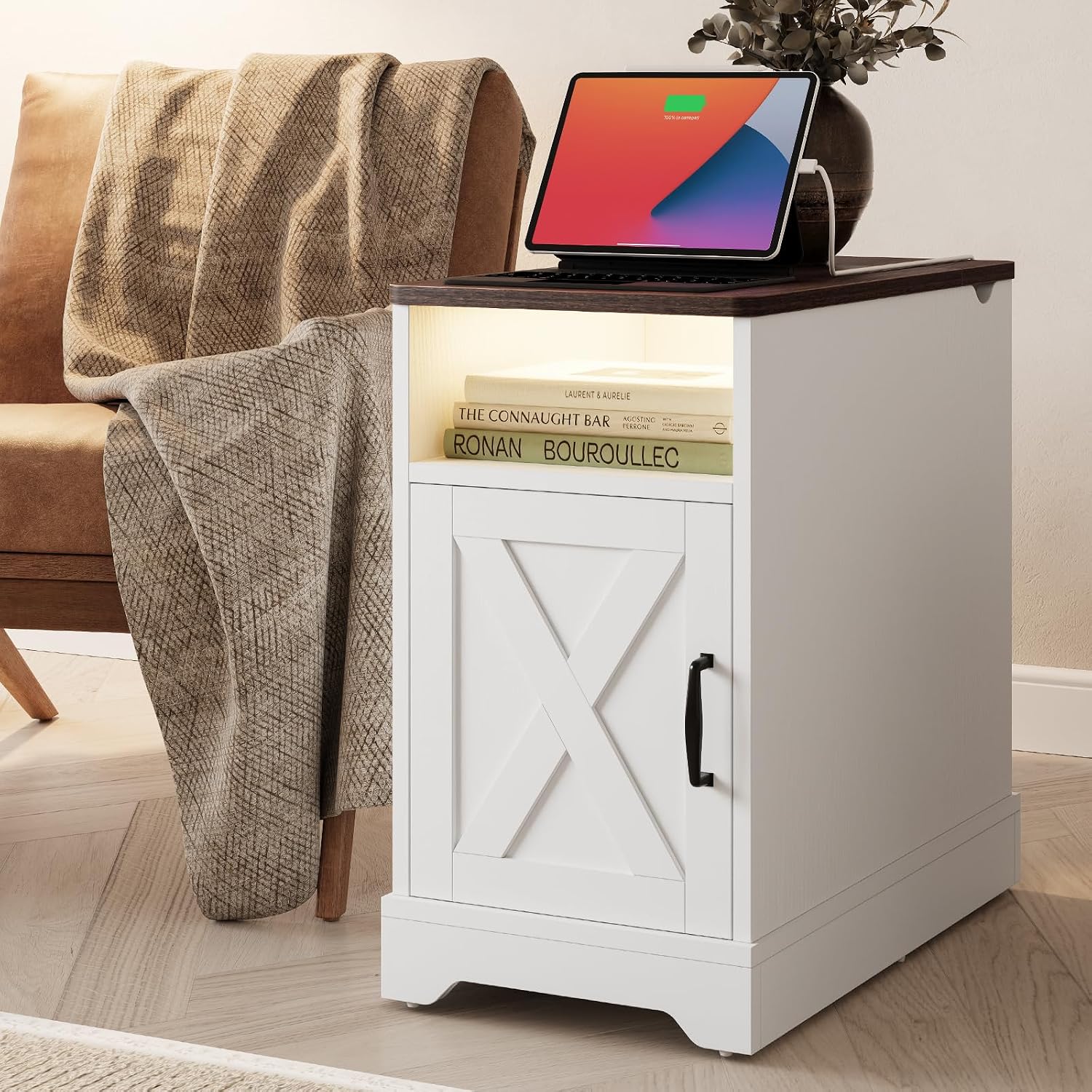 Farmhouse End Side Table with Charging Station White